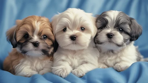 Three fluffy puppy comets quietly orbit a blue satin sky