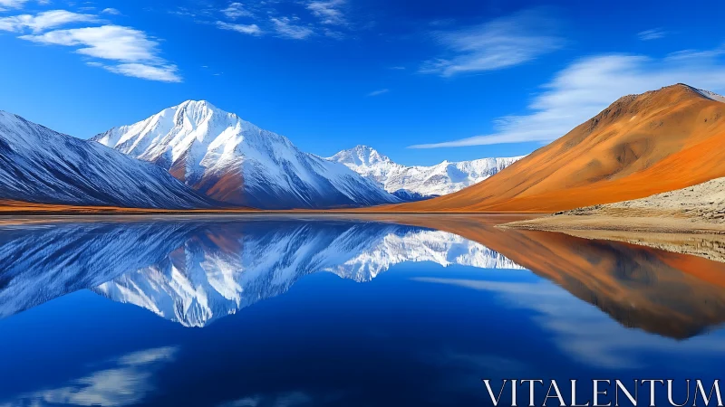 Symmetric alpine lake reflection reveals high-contrast snowy ridges