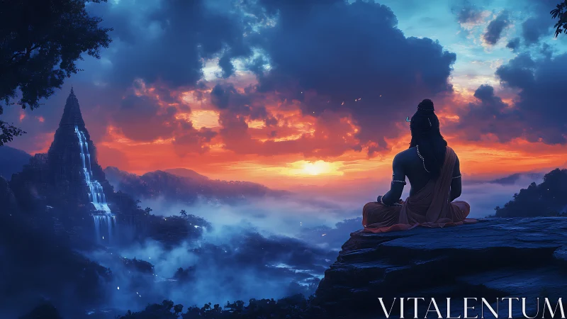 Meditating deity watches misty valley sunrise in vivid hues.