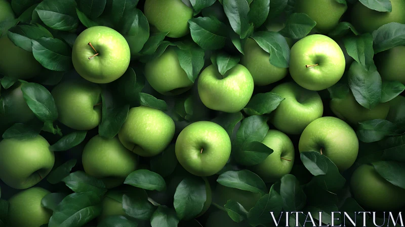 Green apples cluster under dense glossy foliage canopy.
