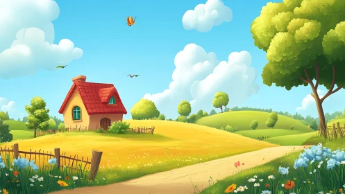 Cartoon house stands in bright rural landscape under clouds