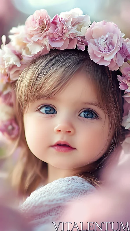 Delicate child portrait adorned with blooming pink peonies.