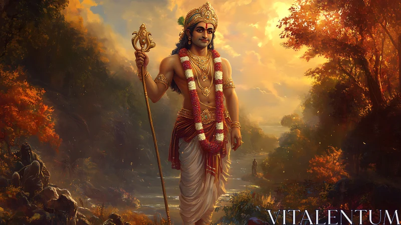 Divine warrior stands in glowing river forest at sunset.