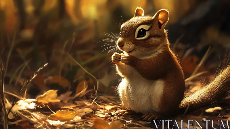 Chipmunk pauses in golden autumn forest light and quietly feeds