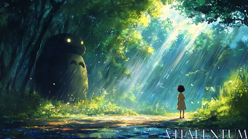 Child meets large forest creature in sunlit rain.