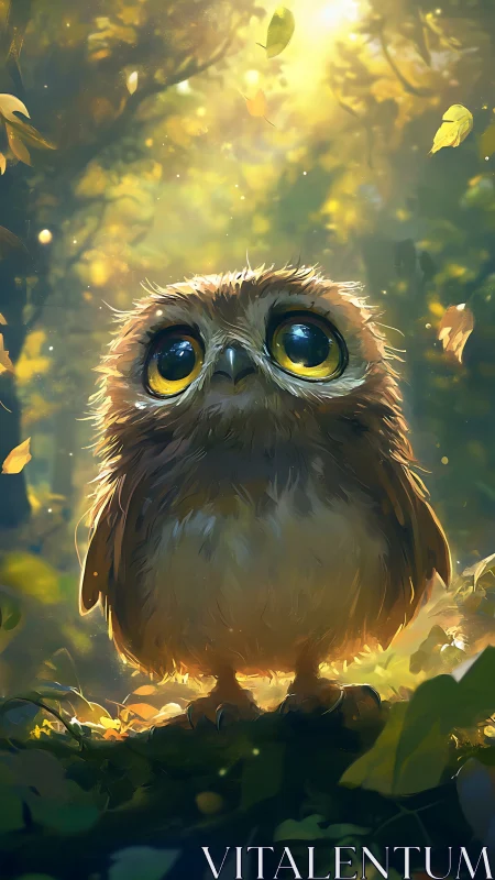 Baby owl glows under soft golden forest light.