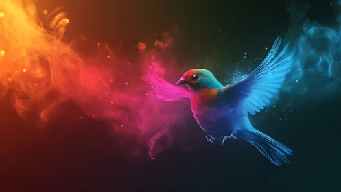Radiant songbird glides through swirling neon colored smoke