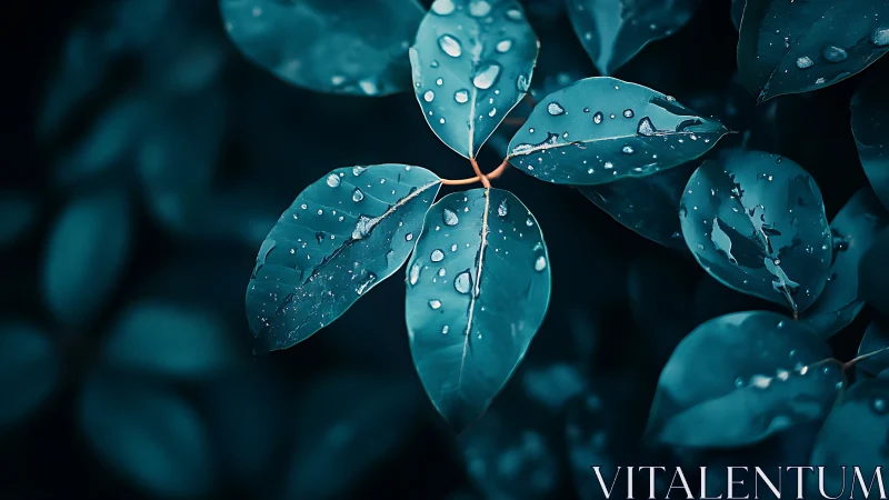 Rain-soaked teal leaves glow softly against deep blurred foliage