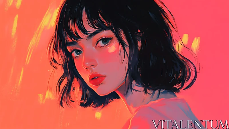 Neon-lit portrait of a girl bathed in vivid coral glow.