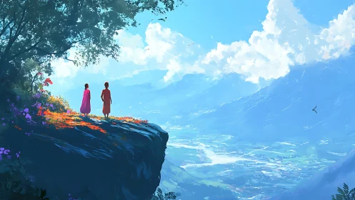 Two figures on cliff edge overlooking wide valley landscape.