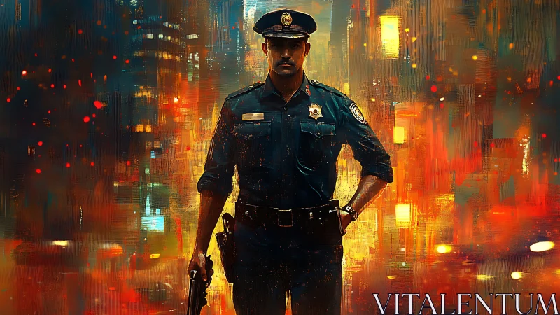 Urban night patrol officer amid abstract neon bokeh glow.