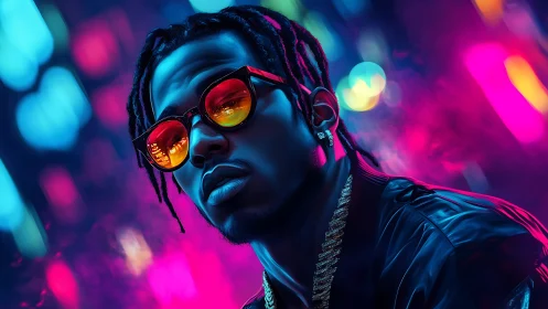 Neon-soaked portrait of stylish man in reflective shades.
