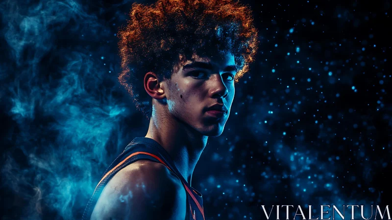 Intense athlete portrait under dramatic blue rim light.