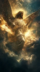 Radiant celestial angel floating gently through glowing clouds.