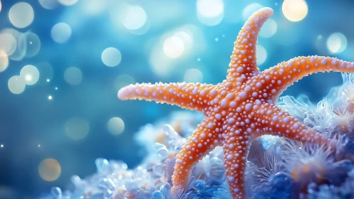 Orange starfish on blue seafloor with soft bokeh lights.