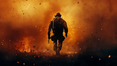 Lone soldier strides through firelit chaos of the battlefield.
