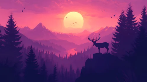 Stag crowned in neon dusk over mist-softened pine valleys.