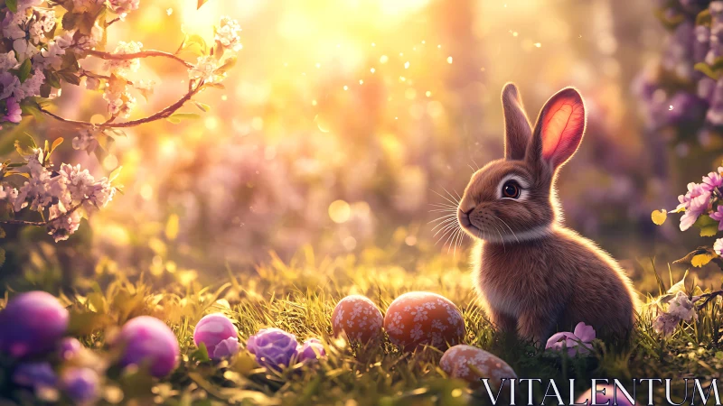 Digital render shows rabbit among eggs in backlit meadow
