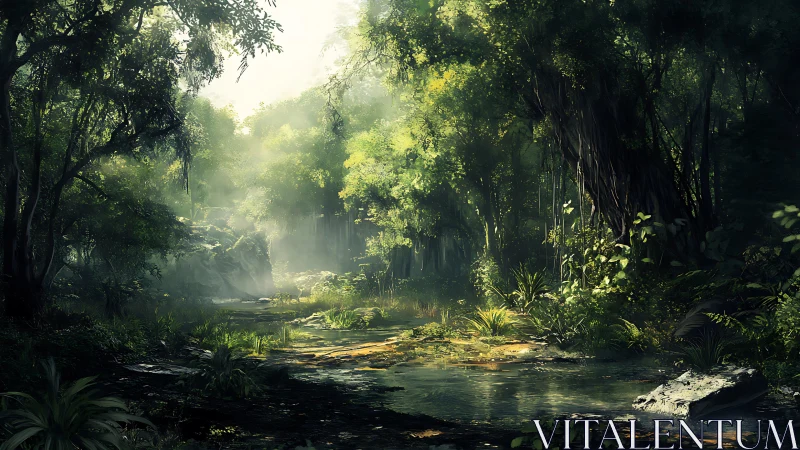 Tropical rainforest stream under layered canopy with diffused light