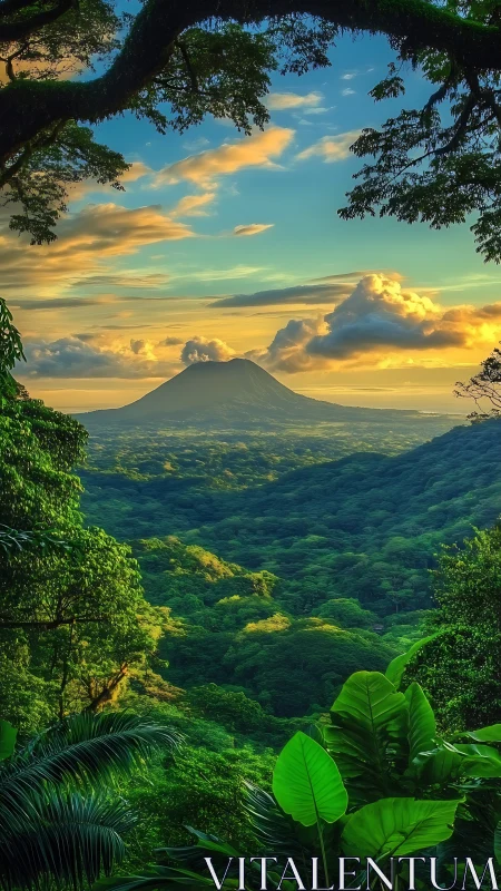 Sunlit rainforest valley embracing a distant gentle volcano.