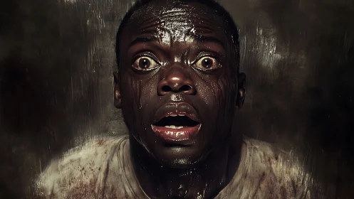 Photorealistic horror close-up portrait with dramatic lighting.