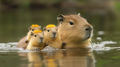 Capybara with three yellow-tufted young swimming in water.