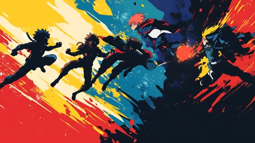 Explosive anime heroes sprint across abstract color fields.