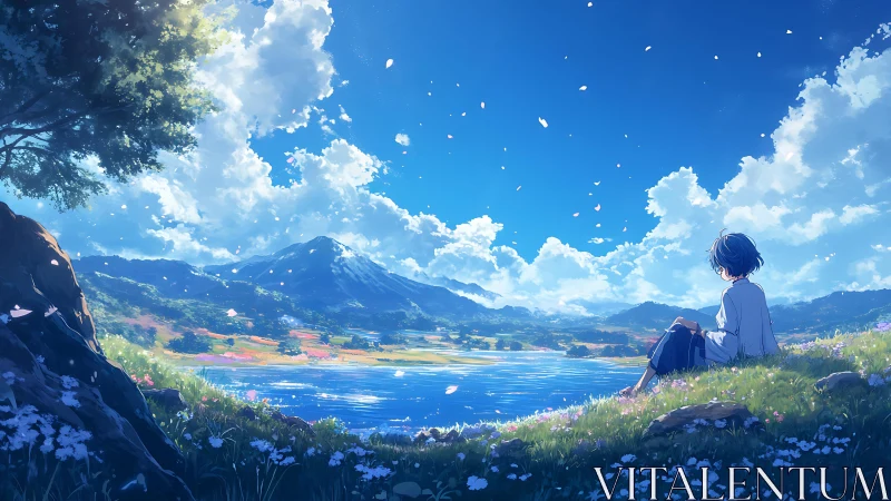 Quiet hillside daydream beside a bright blue mountain lake.