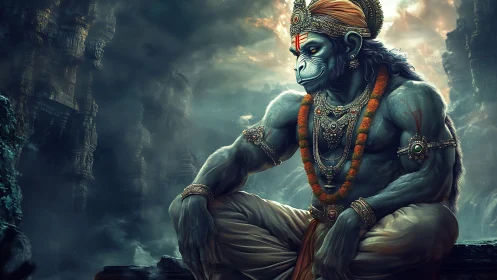 Divine warrior monkey figure in ornate jewelry and ruins.