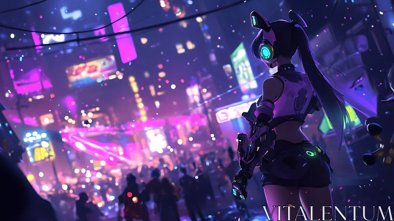 Cyborg street scout surveying neon-saturated cyber nightlife.