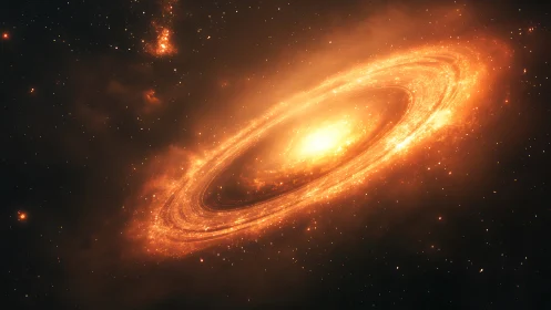 Luminous orange spiral galaxy with dense glowing star field.