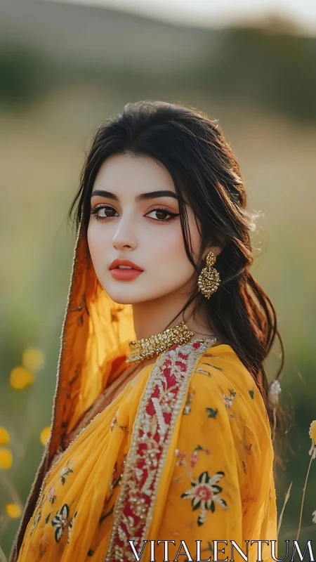 Portrait captures woman in ornate yellow traditional attire outdoors