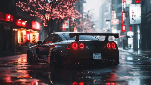Modified sports coupe is parked on wet neon city street