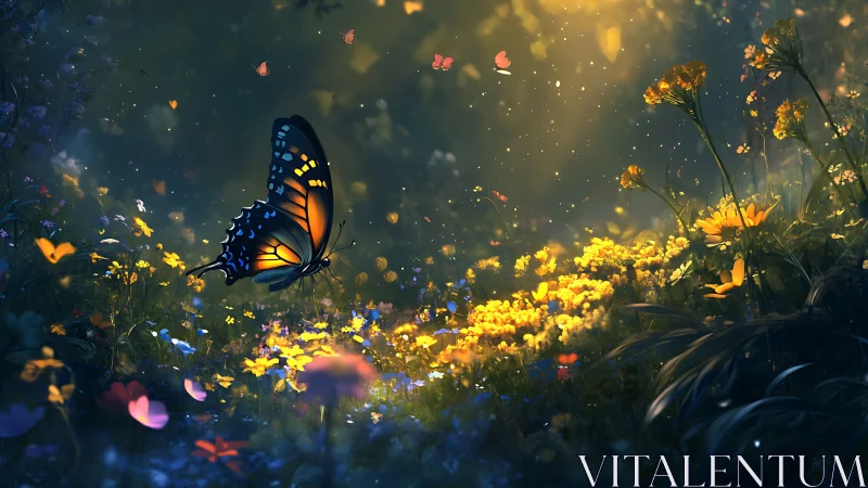 Large butterfly hovers above illuminated meadow flowers