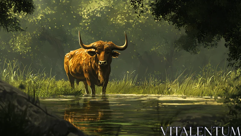Horned long-haired cow standing in shaded forest creek