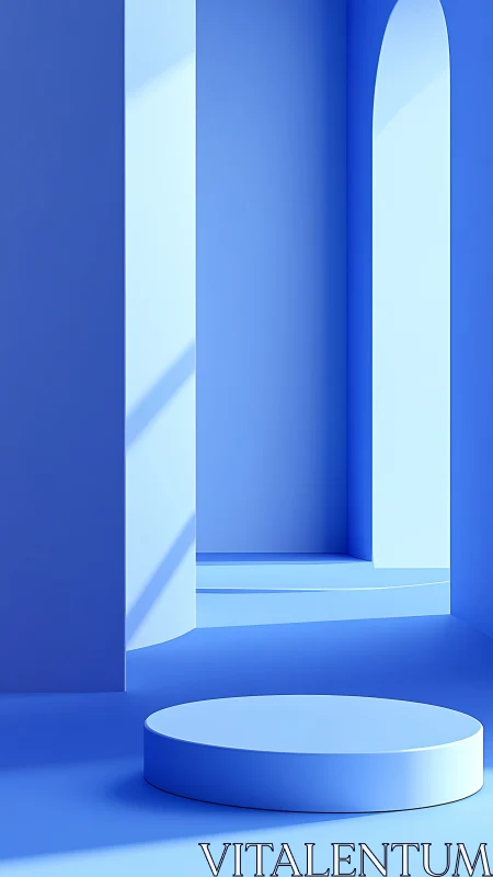 Minimalist blue podium stands in serene geometric interior