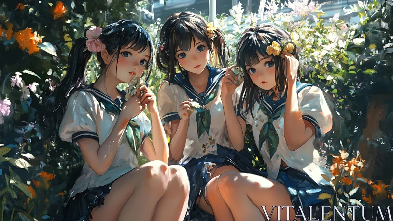 Anime schoolgirls in sunlit garden with vivid blossoms.