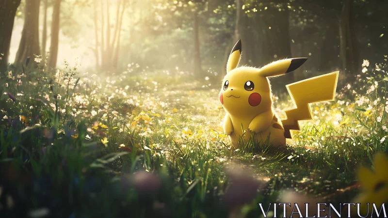 Pikachu stands in glowing forest meadow under soft sunlight.