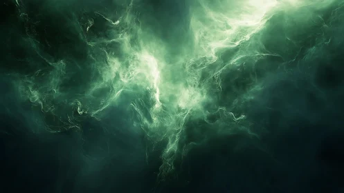 Ethereal Green Nebula Digital Art with Abstract Mist Effects.