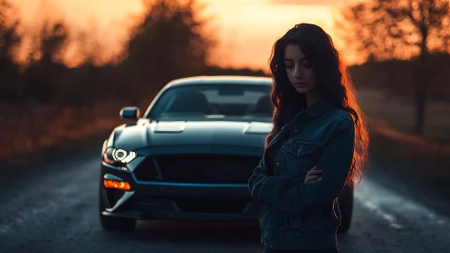 Sunset road reflections with a quiet driver and her car.