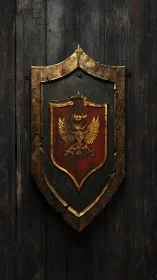 Weathered heraldic shield with gilded phoenix crest emblem.