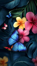Vivid blue butterflies rest among neon tropical blooms