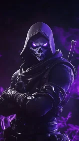 Hooded skeletal assassin with glowing violet eyes stands poised.