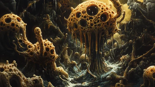 Bioluminescent fungal colossus looms over an alien marsh