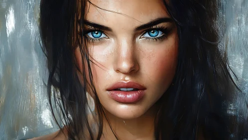 Hyperreal digital portrait of blue-eyed woman with wet hair