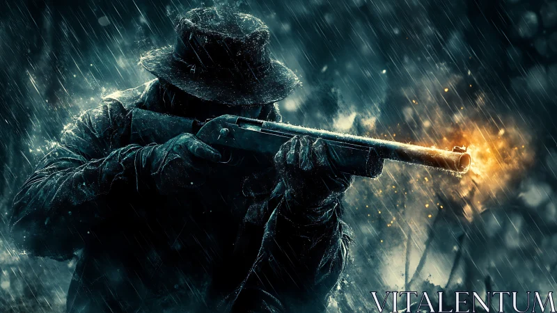 Shadowed gunman firing shotgun under driving storm rain.