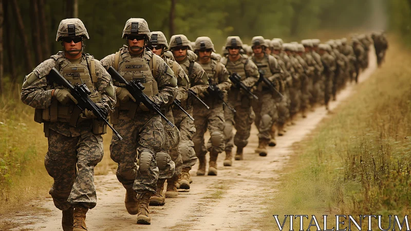 Infantry unit conducts tactical road march in forest corridor.