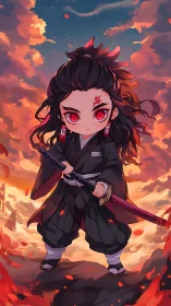 Chibi swordsman stands amid fiery sky and swirling embers.