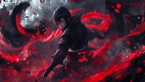 Dark swordsman channels red energy in storm of shadows