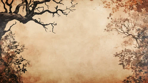 Digital botanical frame with sepia arboreal silhouettes.